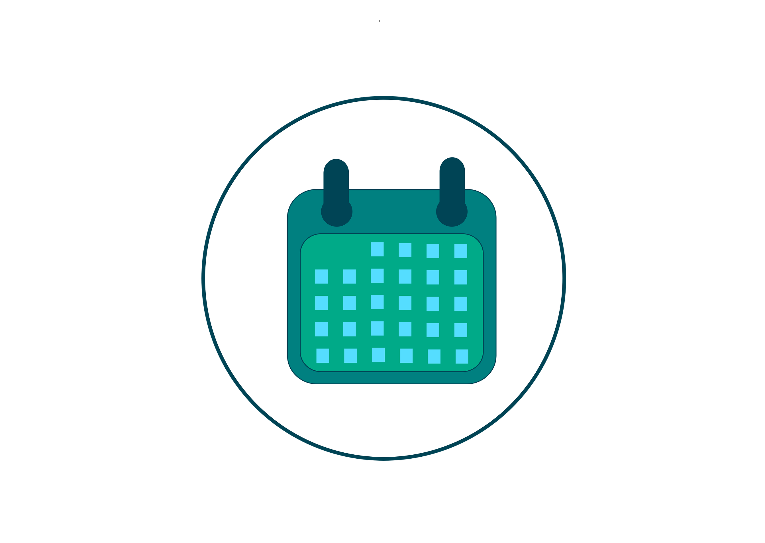 Bildbeschreibung  Das Bild zeigt ein **stilisiertes Kalendersymbol**. Im Mittelpunkt befindet sich ein rechteckiger Kalender mit abgerundeten Ecken in verschiedenen **Türkis- und Blautönen**. Oben sind zwei dunkle Kalenderklammern zu sehen. Auf der Kalenderfläche sind mehrere kleine, hellblaue Quadrate angeordnet, die die **Tage eines Monats** darstellen.  Der Kalender steht vor einem **weißen, kreisförmigen Hintergrund**, der von einer dunklen Umrandung eingefasst ist. Die einfache, klare Gestaltung und die kräftigen Farben verleihen dem Bild einen **modernen und freundlichen Charakter**.  **Bedeutung:** Das Symbol steht für **Kalender, Datum, Termine, Zeitplanung oder bevorstehende Ereignisse**.